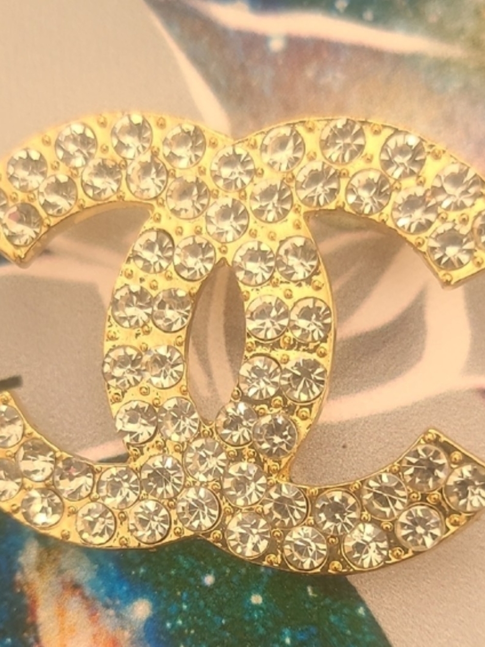 Gold Crystal Iconic Logo Brooch